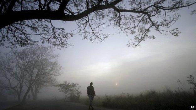 A villager walks on a road on a foggy morning on the outskirts of the eastern Indian city of Bhubaneswar, India, Sunday, Jan. 5, 2014