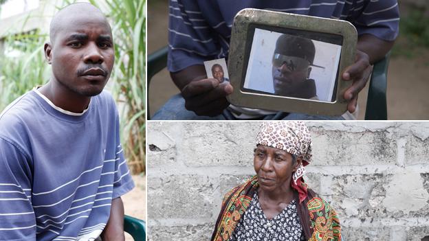 From left to right: Paulino Domingos Matada, Paulino holding photos of his brother Jose, their mother Eugenia Ndazwedjua