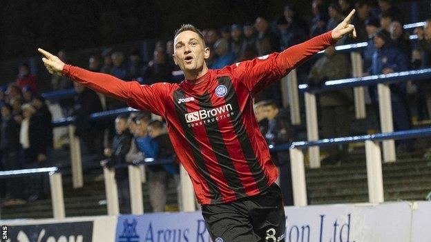 Gary McDonald celebrates a goal for St Johnstone at Cappielow