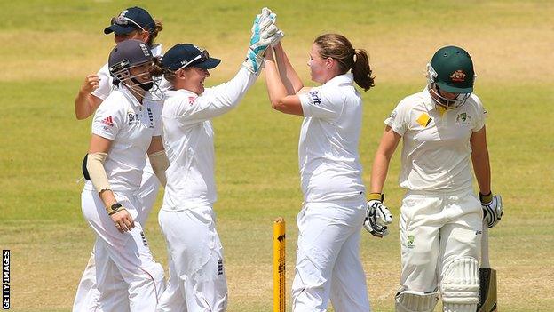 Anya Shrubsole celebrates the wicket of Elyse Villani of Australia A