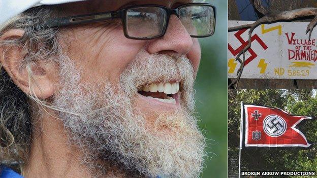 Craig Cobb; a sign he put up (top right); and one of several flags he flew outside his home