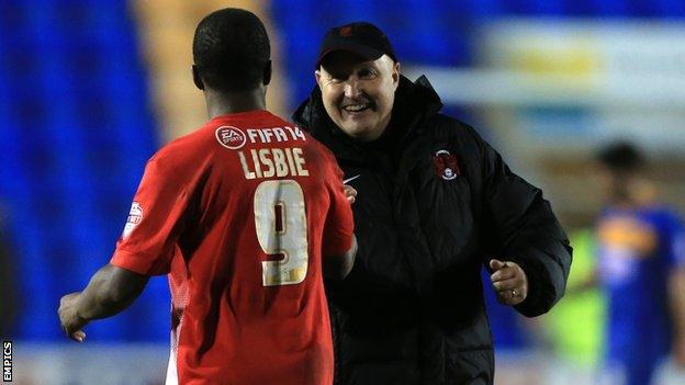 Russell Slade (r) celebrates with Kevin Lisbie after Leyton Orient's 2-0 win at Shrewsbury