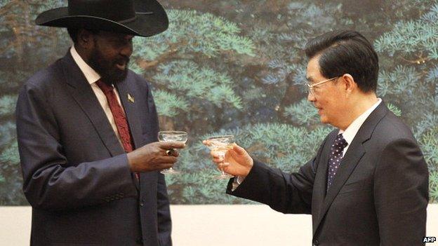 Left: South Sudan President Salva Kiir with his then Chinese counterpart Hu Jintao after a signing ceremony at the Great Hall of the People in Beijing on 24 April 2012