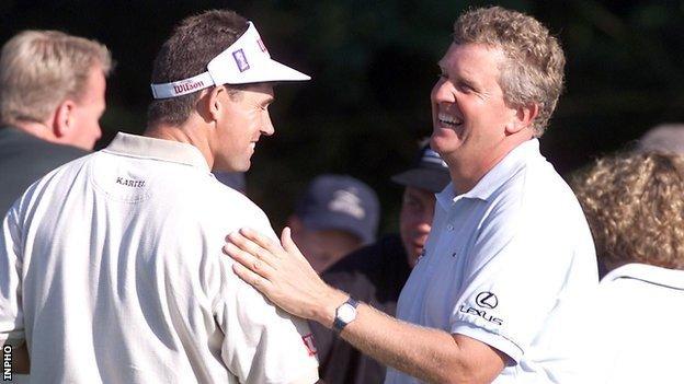 Padraig Harrington congratulates Colin Montgomerie after the Scot's victory at Fota Island in 2001