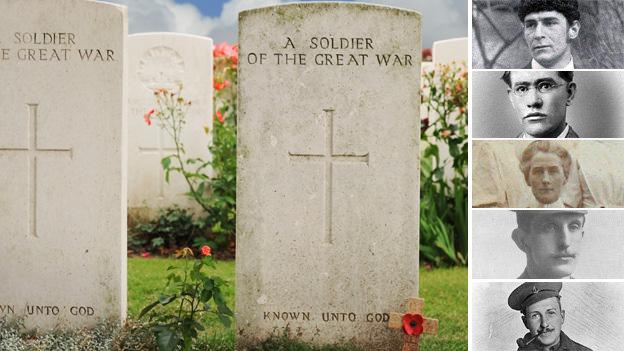 War graves. From top right: Marc, Francis Ledwidge, Edith Cavell. Will Gladstone, Harold Chapin.