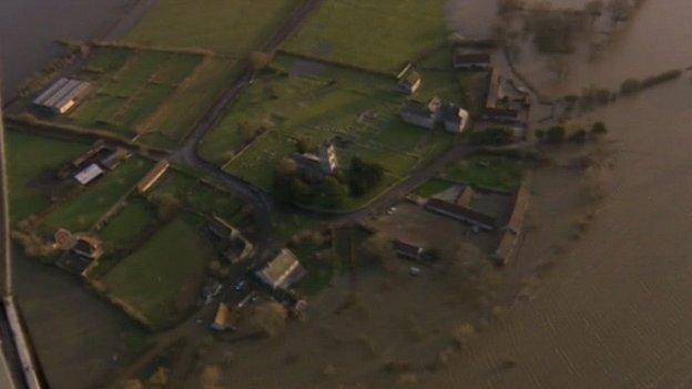 Flood-hit village of Muchelney from the air