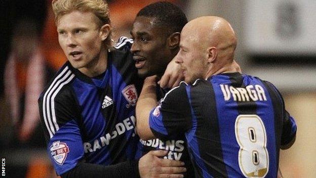 Middlesbrough's Mustapha Carayol celebrates scoring his first goal against Blackpool with his team-mates