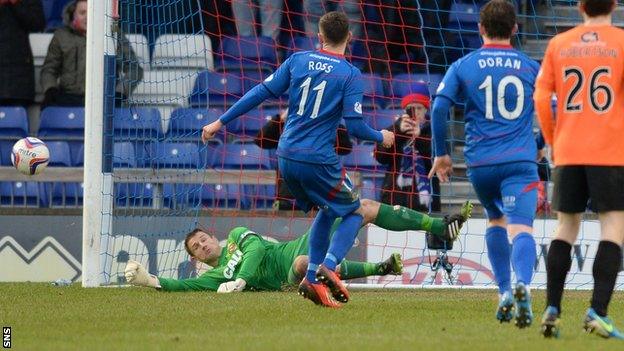 Dundee United goalkeeper Radoslaw Cierzniak saves a penalty by Inverness midfielder Nick Ross