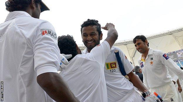 Sri Lanka celebrate after winning the second Test against Pakistan in Dubai