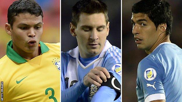 Thiago Silva, Lionel Messi and Luis Suarez