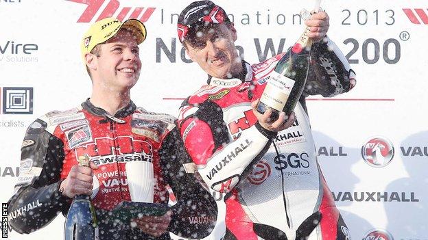 Jamie Hamilton (left) on the supertwins podium with winner Jeremy McWilliams during last year's North West 200