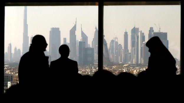 Part of the skyline of the city of Dubai in the early hours of the morning from the Dubai Chamber of Commerce and Industry building, on November 20, 2012