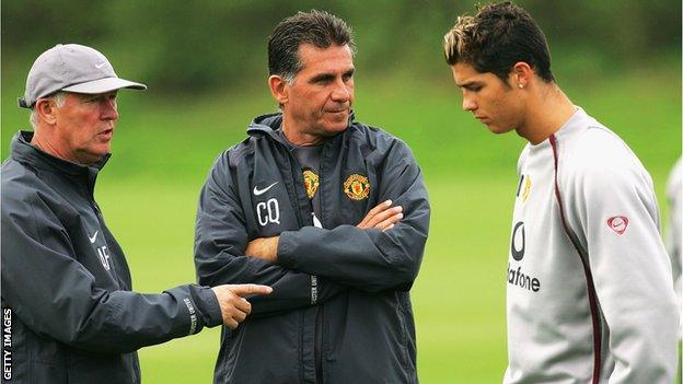 Sir Alex Ferguson (left), Carlos Queiroz (centre) and Cristiano Ronaldo during a Manchester United training session