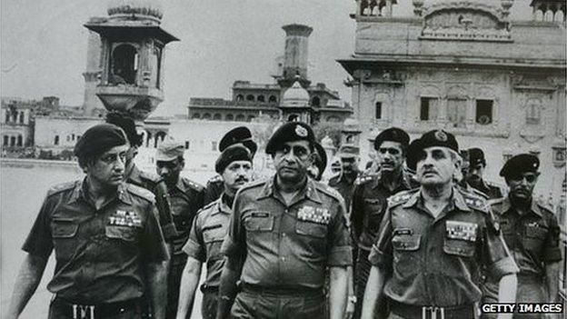 Indian army soldiers in the Golden Temple after the attack in June 1984