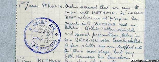 1st June VERQUIN – Orders received that we were to move into BETHUNE. 24 LONDON REGT relieve us at 9:30pm. Easy march into BETHUNE and are billeted. Billets rather divided and special precaution taken in case BETHUNE was heavily shelled. A few shells are dropped into the town most days, but very little damage has been done.