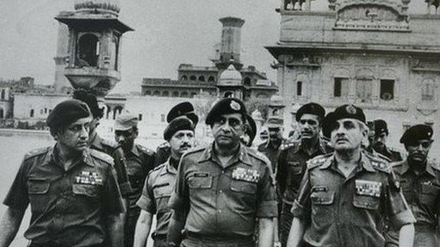 Indian army soldiers in the Golden Temple after the attack in June 1984