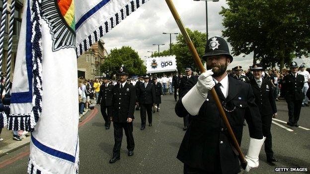 The Gay Police Association marching at the UK Mardi Gras