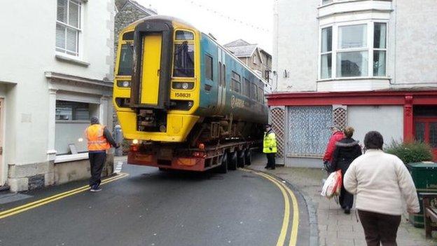 Train being taken through Barmouth