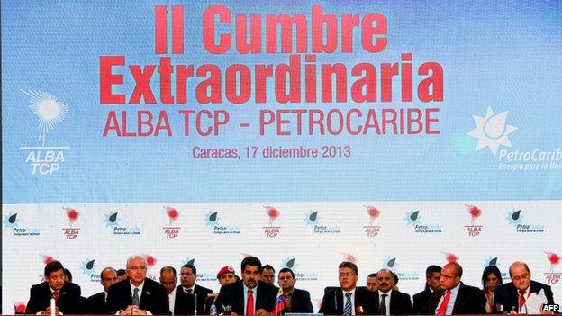 President Nicolas Maduro (centre) and leaders and heads of state of the Alliance of the Americas and Petrocaribe during the II ALBA-PetroCaribe Summit held in Caracas on 17 December, 2013