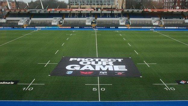A banner from Welsh regional supporters protesting against the WRU in the ongoing dispute between the two sides