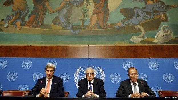 John Kerry, Lakhdar Brahimi and Sergei Lavrov at the UN in Geneva (13 September 2013)