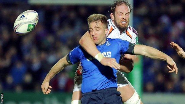 Leinster's Luke Fitzgerlad is tackled by Ospreys lock Alun Wyn Jones