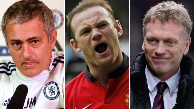 (l-r) Chelsea manager Jose Mourinho, Manchester United striker Wayne Rooney and United boss David Moyes