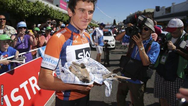 Geraint Thomas in the Tour Down Under leaders' jersey in 2013