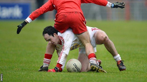 Tyrone's Kevin Gallagher in action against Derry in the McKenna Cup last year