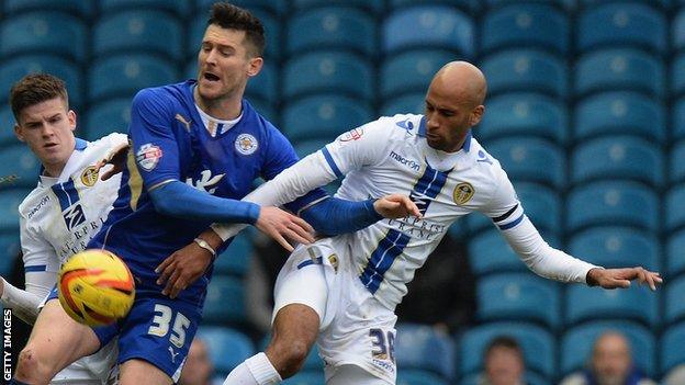 Leicester City matchwinner David Nugent is crowded out at Elland Road