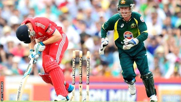 England's Jos Buttler is bowled at the Sydney Cricket Ground