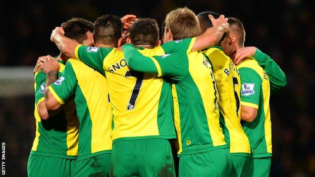 Norwich City players celebrate the goal that beats Hull City