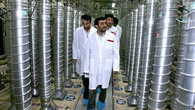 Former Iranian President Mahmoud Ahmadinejad visits the Natanz uranium enrichment facility in 2008