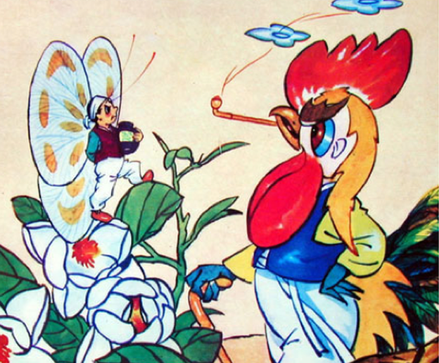 Illustration of a butterfly speaking to a rooster