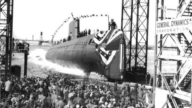 Crowds watching the launch of USS Nautilus