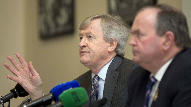 GAA director-general Paraic Duffy (left) is alongside GAA president Liam O'Neill as he unveils his annual report