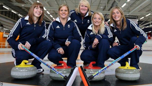 Curlers (left-right) Claire Hamilton, Vicki Adams, Anna Sloan and Eve Muirhead with coach Rhona Howie (rear)