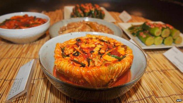 Kimchi dishes displayed in the Pulmuone Kimchi Museum in Seoul, 3 September 2009