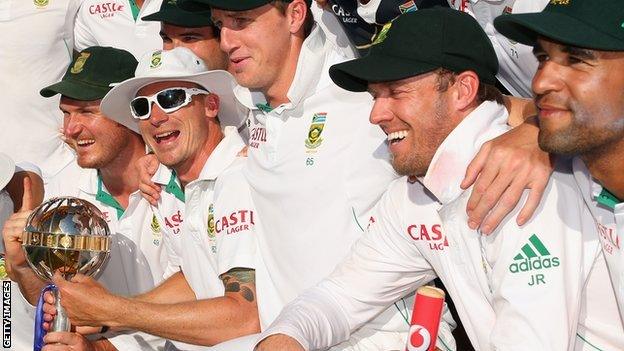 South Africa celebrate with the ICC Test mace