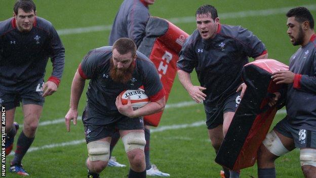 Jake Ball on the attack during a Wales training session