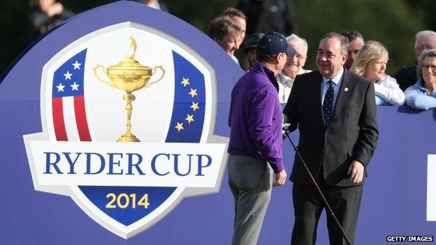 Golfer Tom Watson and Alex Salmond at Gleneagles Golf club to mark one year to go to the Ryder Cup