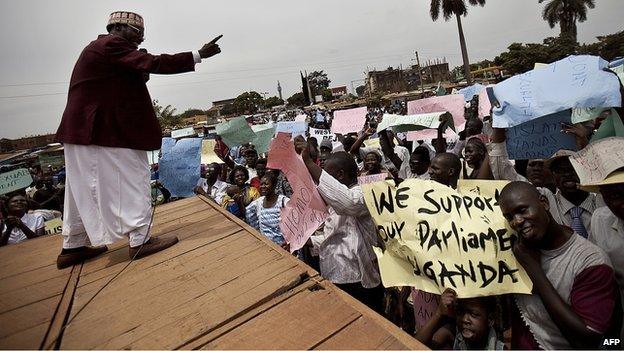 a religious leader addressing a crowd of Ugandans taking part in an anti-gay demonstration at Jinja, Kampala (14 February)