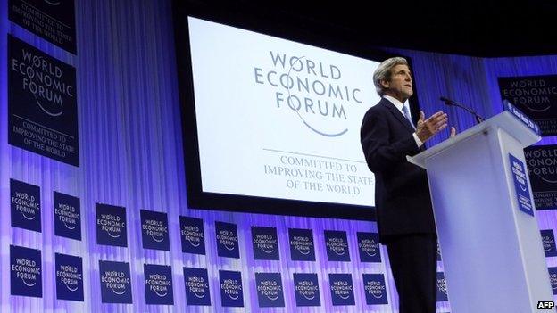US Secretary of State John Kerry delivers a speech at the World Economic Forum in Davos on 24 January 2014