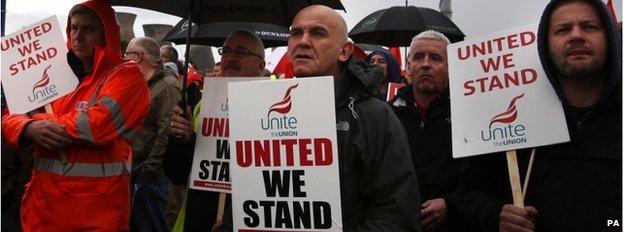 Workers holding Unite union placards