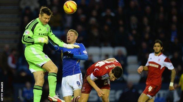 Middlesbrough goalkeeper Shay Given clears from Leicester City striker Jamie Vardy