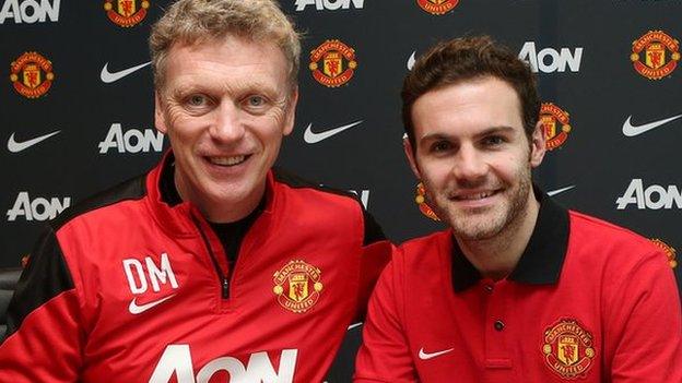 Manchester United's new record signing Juan Mata (right) with manager David Moyes