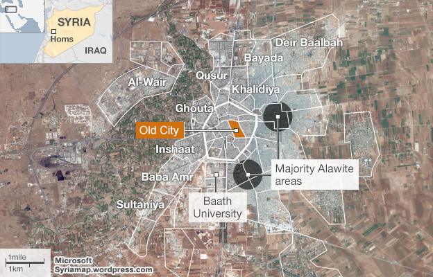 Map of Homs highlighting the Old City