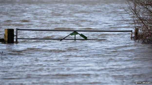 A submerged farm gate near Muchelney in Somerset