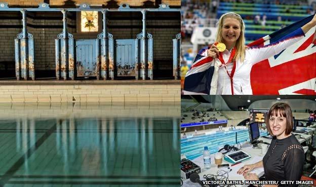 Composite picture of Manchester's Victoria Baths, Rebecca Adlington and Karen Pickering