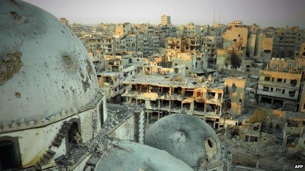 Homs skyline, from the roof of the damaged Khalid ibn al-Walid mosque (25 July 2013)